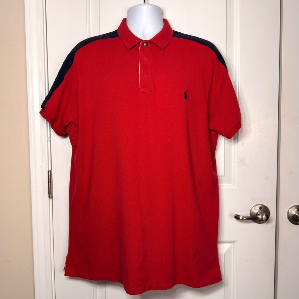 Polo Ralph Lauren Mens Custom Fit Red Navy Stripe Polo Shirt XL